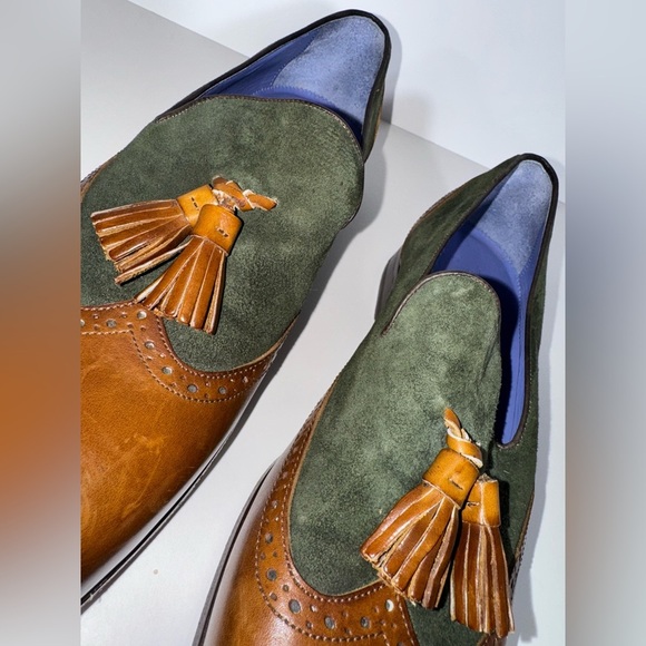 CERBERO ITALY NANO TASSEL LEATHER BROWN/GREEN LOAFERS MENS SIZE 8 - Picture 2 of 12